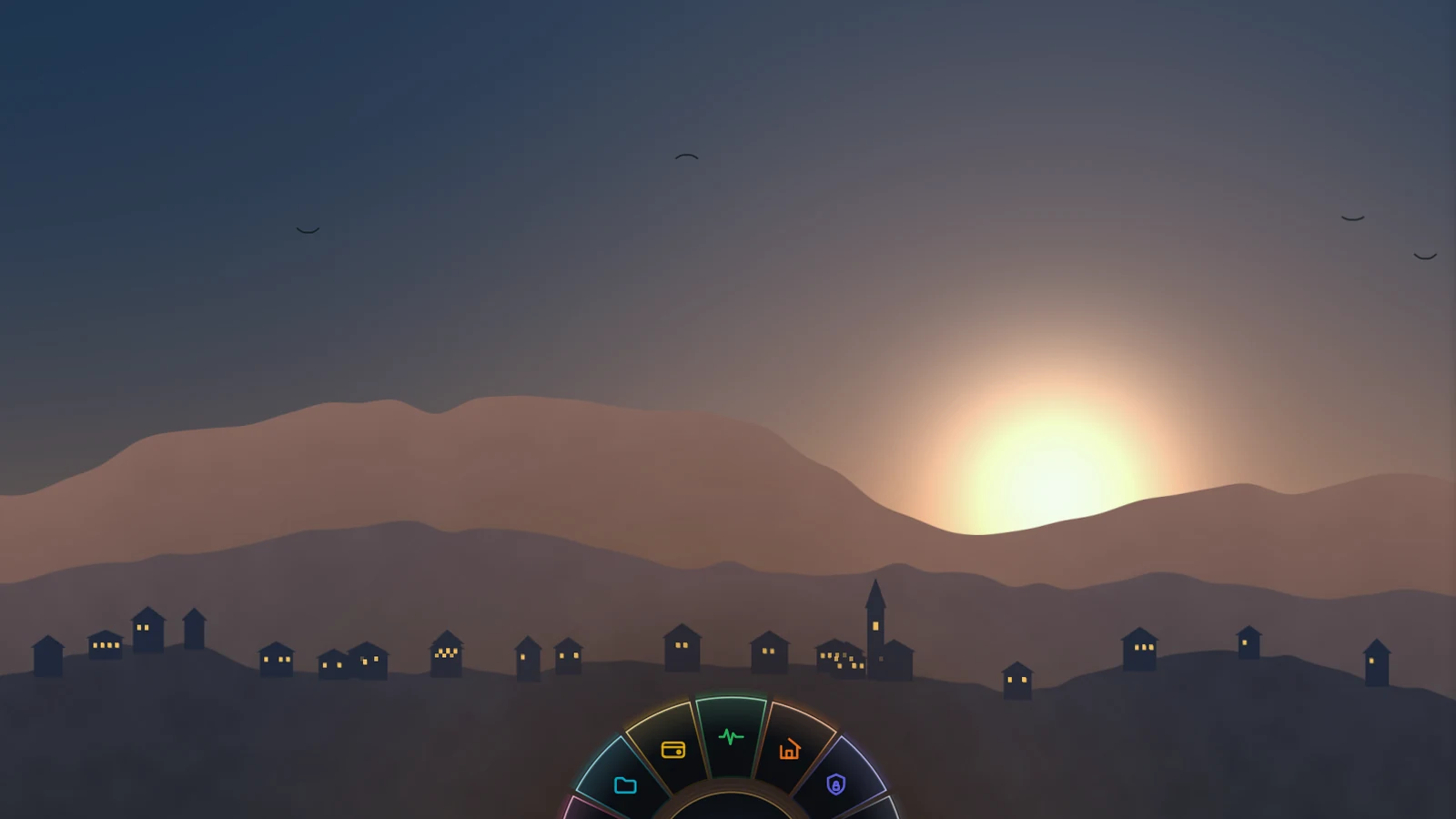 The living desktop at dusk with the Orbit wheel open
