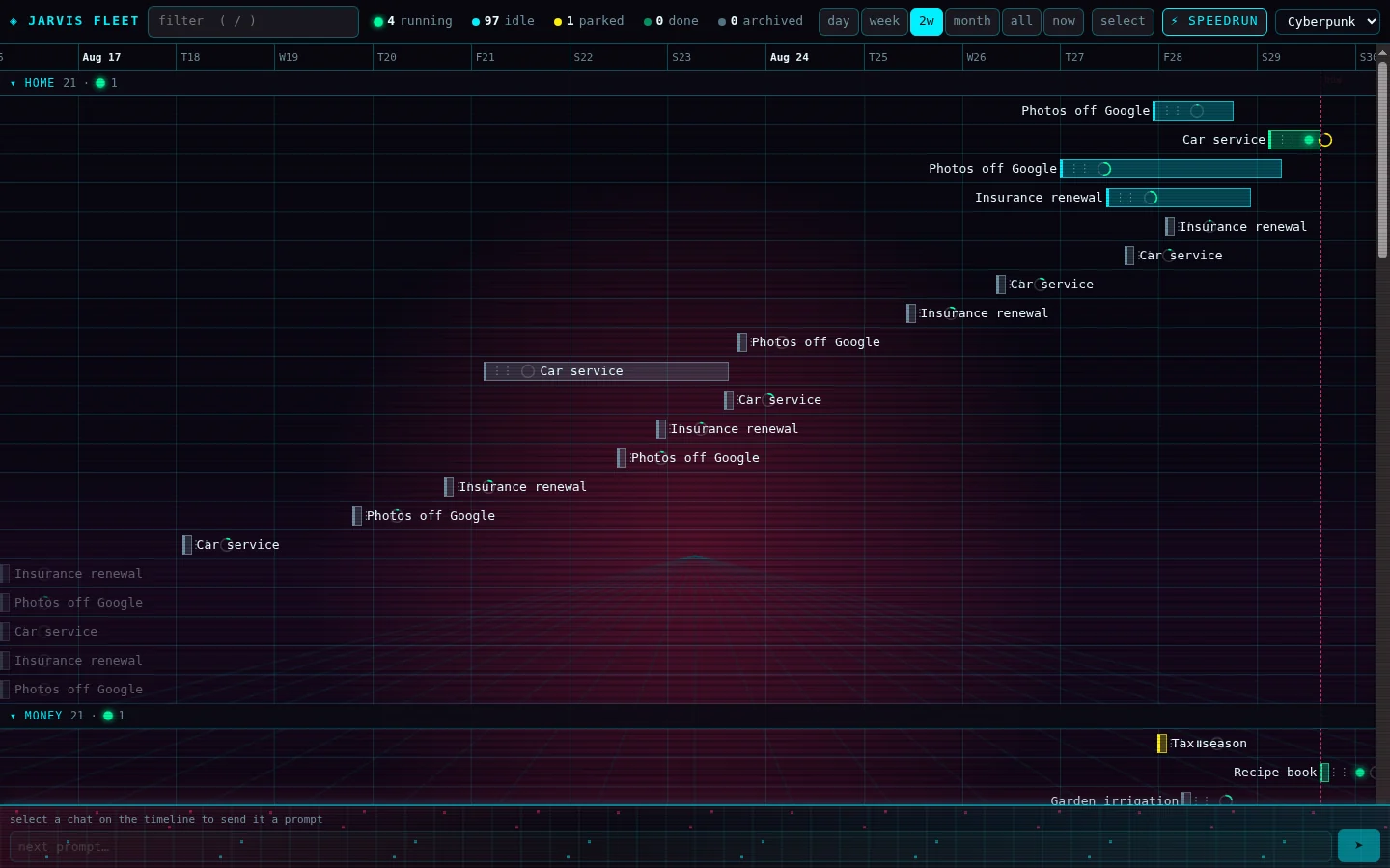 Fleet: a dark timeline of agent threads by lane, with a pulsing dot on the running ones (demo data)